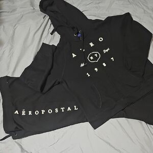 Aeropostale Black Track Pants & Hoodie Set with White Lettering